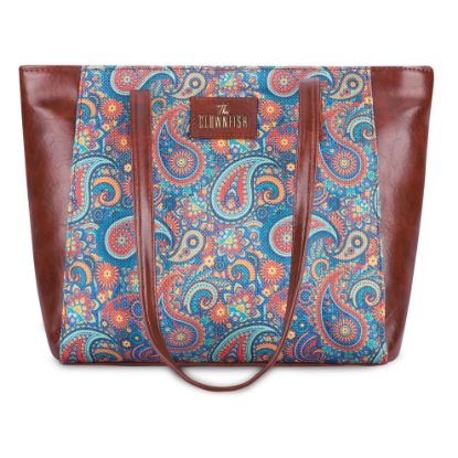 Picture of THE CLOWNFISH Valentine Printed Handicraft Fabric & Faux Leather Handbag for Women Office Bag Ladies Shoulder Bag Tote for Women College Girls (Sapphire Blue-Paisley Print)