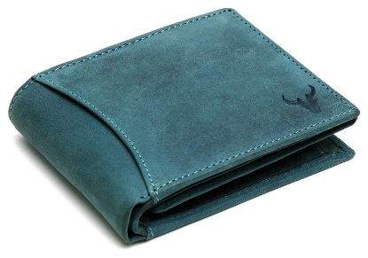 Picture of NAPA HIDE Blue Leather Wallet for Men I 2 Secret Compartments I 6 Credit/Debit Card Slots I 2 Currency Compartments I 3 Transparent ID Windows I 1 Coin & Zip Pocket
