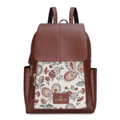 Picture of THE CLOWNFISH Medium Size Minerva Faux Leather & Tapestry Women's Standard Backpack College School Bag Casual Travel Standard Backpack For Ladies Girls (Dark Brown- Floral)