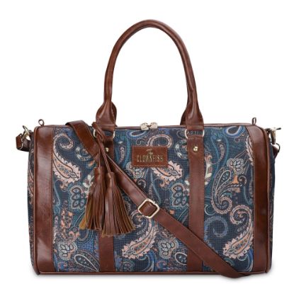Picture of THE CLOWNFISH Lorna Printed Handicraft Fabric & Faux Leather Handbag Sling Bag for Women Office Bag Ladies Shoulder Bag Tote For Women College Girls (Peacock Blue-Floral)