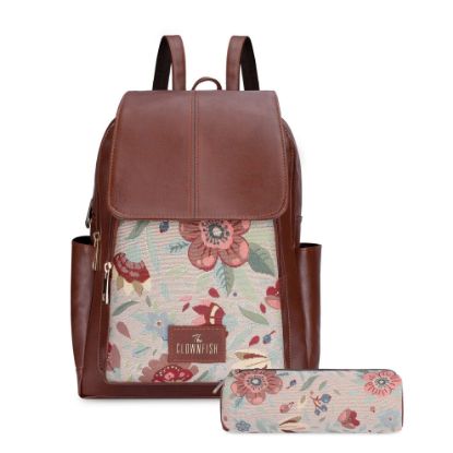Picture of The Clownfish Medium Size Combo Of Minerva Faux Leather & Tapestry Women'S Backpack College School Girls Bag Casual Travel Backpack For Ladies & Expert Series Pencil Pouch Pen Case (Sky Blue-Floral)
