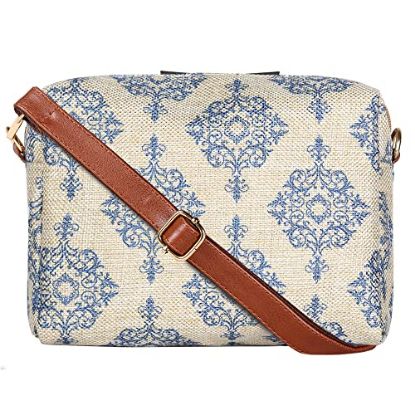 Picture of The Clownfish Isla Printed Handicraft Fabric Crossbody Sling bag for Women Casual Party Bag Purse with Adjustable Shoulder Strap and Printed Design for Ladies College Girls (Off White)
