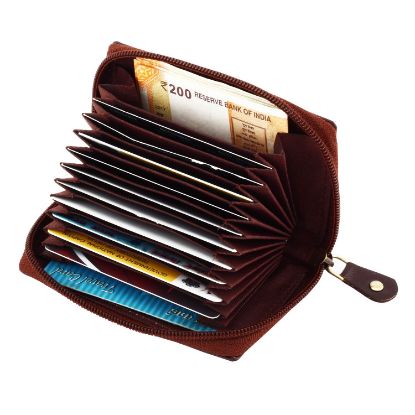 Picture of Trajectory Men's and Women's Leather Credit and Debit Card Holder with RFID Blocking Small Accordion Wallet with Zipper (Brown)
