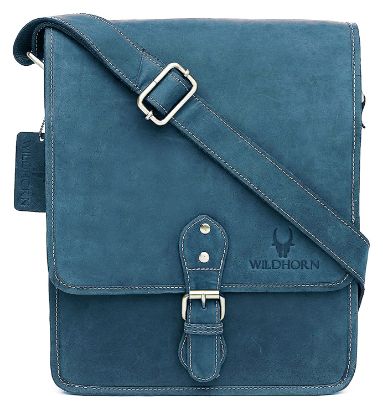 Picture of WildHorn® Leather 10.5 inch Sling Messenger Bag for Men I Multipurpose Crossbody Bag I Travel Bag with Adjustable Strap I IDIMENSION: L- 10.5 inch H- 13 inch W- 3 inch (Blue Hunter)