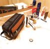 Picture of K London Leather Toiletry Wash Bag for Toiletries - Holiday Travel Washbag - Gym Bathroom or Shower Shaving or Cosmetics Kit Bag (KL_155_Blk_Tan)