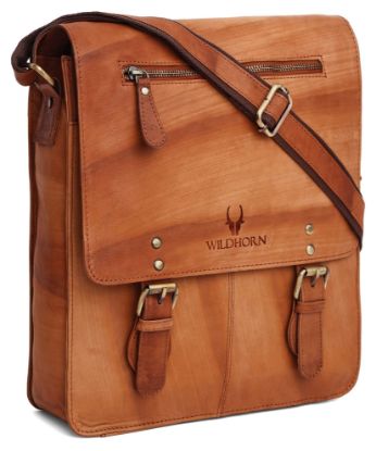 Picture of WildHorn® Original Leather 11.5 inch Messenger Bag for Men I Multipurpose Bag I Office Bag I Travel Bag with Adjustable Strap (BLACK)