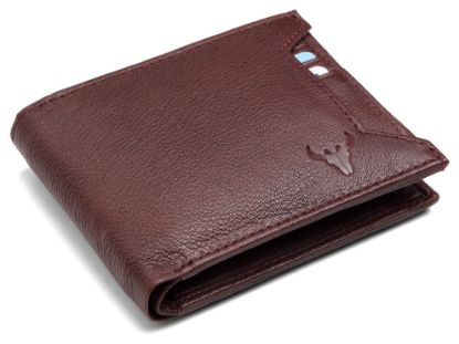 Picture of NAPA HIDE Maroon Leather Wallet for Men I 3 Card Slots I 2 Currency Compartments I 1 ID Window I 3 Secret Compartments I External Card Slot I 1 Coin Pocket