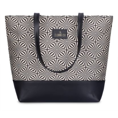 Picture of THE CLOWNFISH Empower Series Printed Handicraft Fabric & Faux Leather Handbag for Women Office Bag Ladies Shoulder Bag Tote for Women College Girls (Black-Geometric Design)
