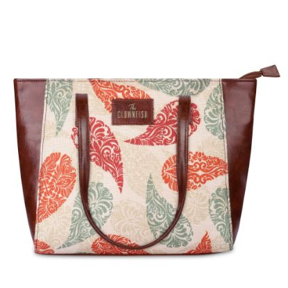 Picture of THE CLOWNFISH Valentine Printed Handicraft Fabric & Faux Leather Handbag for Women Ladies Tote for Women College Girls (Cream-Leaf Print)