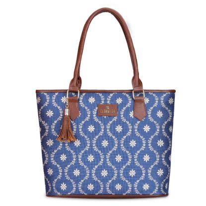 Picture of THE CLOWNFISH Aviva Printed Handicraft Fabric Handbag for Women Office Bag Ladies Shoulder Bag Tote for Women College Girls (Royal Blue)