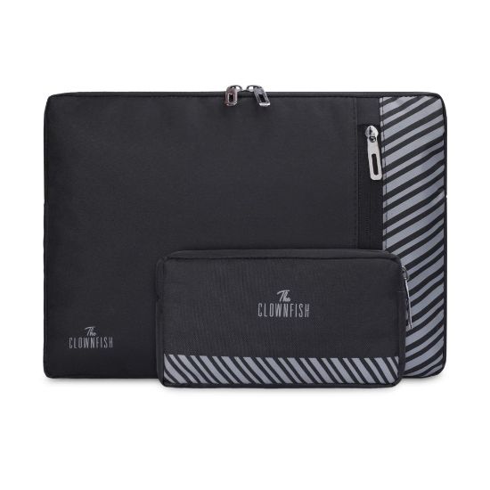 Picture of The Clownfish Combo of Algo Series Polyester 13 inch Laptop Sleeve & Scholar Series Multipurpose Polyester Travel Pouch Pencil Case Toiletry Bag (Black)
