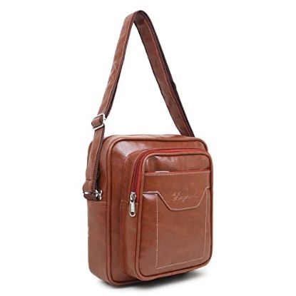 Picture of Bagneeds Stylish PU Leather Sling Cross Body Travel Office Business Messenger One Side Shoulder Bag for Men Women(25cmx8cmx26cm) (Tan)
