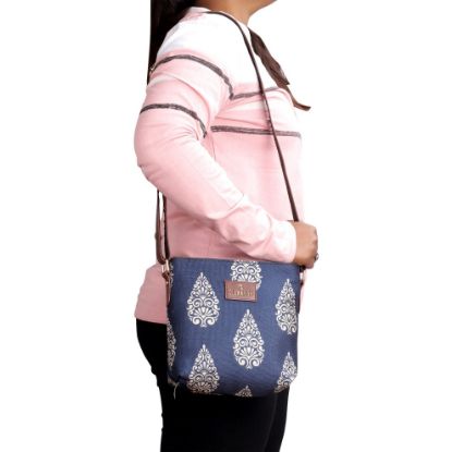 Picture of THE CLOWNFISH Aahna Printed Handicraft Fabric Crossbody Sling bag for Women Casual Party Bag Purse with Adjustable Shoulder Strap for Ladies College Girls (Navy Blue-Design)