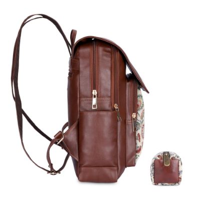 Picture of The Clownfish Medium Size Combo Of Minerva Faux Leather & Tapestry Women'S Backpack College School Girls Bag Casual Travel Backpack For Ladies & Expert Series Pencil Pouch Pen Case (Dark Brown-Floral)