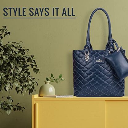 Picture of The Clownfish Siya Collection Faux Leather Handbag with Money/Mobile Pouch for Women Office Bag Ladies Shoulder Bag Tote For Women College Girls (Navy Blue)