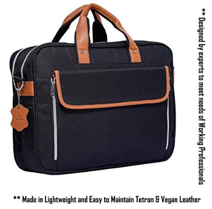 Picture of K London Black Tetron & Tan Vegan Leather Handmade Men Laptop Bag Cross Over Shoulder Messenger Bag Office Bag (1106_blk)