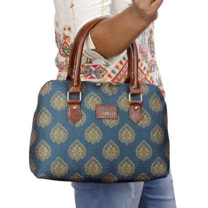 Picture of THE CLOWNFISH Montana Series Printed Handicraft Fabric & Faux leather Handbag for Women Office Bag Ladies Purse Shoulder Bag Tote For Women College Girls (Peacock Blue-1)