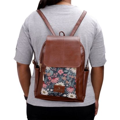 Picture of THE CLOWNFISH Medium Size Minerva Faux Leather & Tapestry Women's Standard Backpack College School Bag Casual Travel Standard Backpack For Ladies Girls (Purple- Floral)