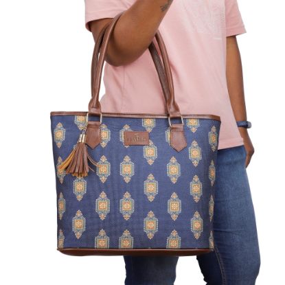 Picture of THE CLOWNFISH Aviva Printed Handicraft Fabric Handbag for Women Office Bag Ladies Shoulder Bag Tote for Women College Girls (Dark Blue)