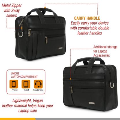 Picture of Zipline Office Faux Leather SMALL laptop bag for Men - Fits 13 inch Laptop/Tablet Messenger Bags For Mens (1-Black Bag)