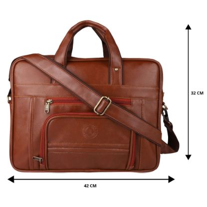 Picture of Bagneeds Men's. Women's PU Leather 15.6 inch Messenger Sling Office Shoulder Travel Organizer Bag (L, 32 X W, 6cm x H, 42 cm, Tan)