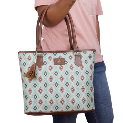 Picture of The Clownfish Aviva Printed Handicraft Fabric Handbag for Women Office Bag Ladies Shoulder Bag Tote for Women College Girls (Sky Blue-Diamond Design)