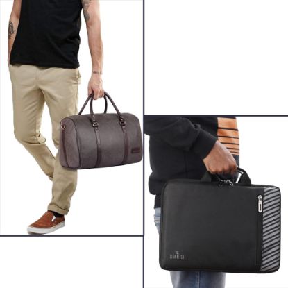Picture of The Clownfish Combo of Lincoln Vegan Leather 29 L Travel Duffel Bag (Ash Grey) & Rex Series Polyester Unisex 15.6 inch Laptop Sleeve Tablet Case with Comfortable Carry Handles(Assorted Colour)