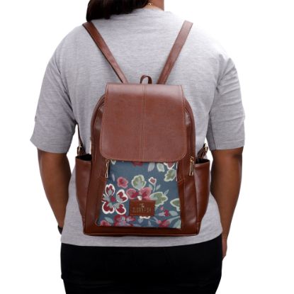 Picture of THE CLOWNFISH Minerva Faux Leather & Tapestry Women's Backpack College School Bag Casual Travel Backpack For Ladies Girls (Persian Blue- Floral)