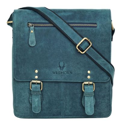 Picture of WildHorn® Original Leather 11.5 inch Messenger Bag for Men I Multipurpose Bag I Office Bag I Travel Bag with Adjustable Strap DIMENTION : L-11.5 inch W-3 inch H-13.5 inch (BLUE HUNTER)