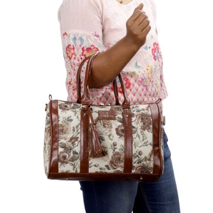 Picture of THE CLOWNFISH Lorna Tapestry Fabric & Faux Leather Handbag Sling Bag for Women Office Bag Ladies Shoulder Bag Tote For Women College Girls (Brown-Floral)