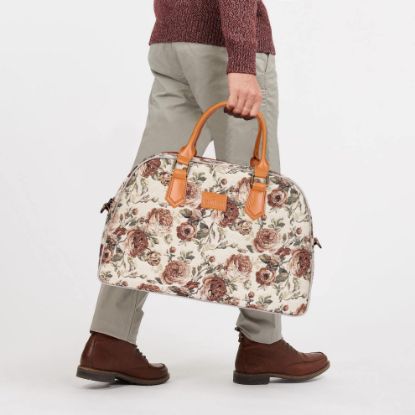 Picture of The Clownfish Ziana Series 24 litres Tapestry & Faux Leather Unisex Travel Duffle Bag Luggage Weekender Bag (Brown-Floral)