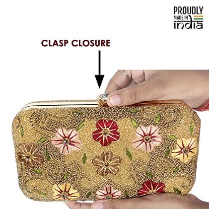 Picture of The Clownfish Senorita Collection Womens Party Clutch Ladies Wallet Evening Bag with Fashionable Round Corners Beads Work and Floral Embroidered Design (Yellow Ochre)