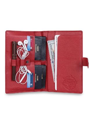 Picture of MAI SOLI Genuine Leather Quest Travel Wallet, Passport Cover, Family Passport Holder, 4 Passport Holder Slots with Single Button Lock, 3 Note Compartments, RFID Protected Passport Wallet - Red