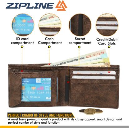 Picture of Zipline Men's Premium Leather Wallet for Office/Business/Travel/Casual use (Brown)