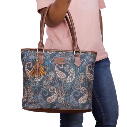 Picture of The Clownfish Aviva Printed Handicraft Fabric Handbag for Women Office Bag Ladies Shoulder Bag Tote for Women College Girls (Peacock Blue)