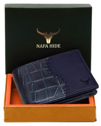 Picture of NAPA HIDE Blue Leather Wallet for Men I 4 Card Slots I 2 Currency Compartments I 1 ID Window I 3 Secret Compartments I External Card Slot I 1 Coin Pocket