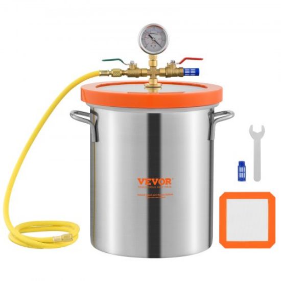Picture of VEVOR Vacuum Chamber 1.5 Gallon Vacuum Degassing Chamber Glass Lid Stainless Steel Degassing Chamber Silicones for Gas Extraction and Protect Food