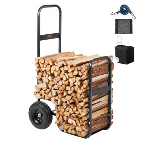 Picture of VEVOR Firewood Log Cart, 250 lbs Capacity, Outdoor and Indoor Wood Rack Storage Mover with PU Wheels & Waterproof Cloth, Heavy Duty Steel Dolly Hauler, Firewood Carrier for Fireplace, Fire Pit, Black