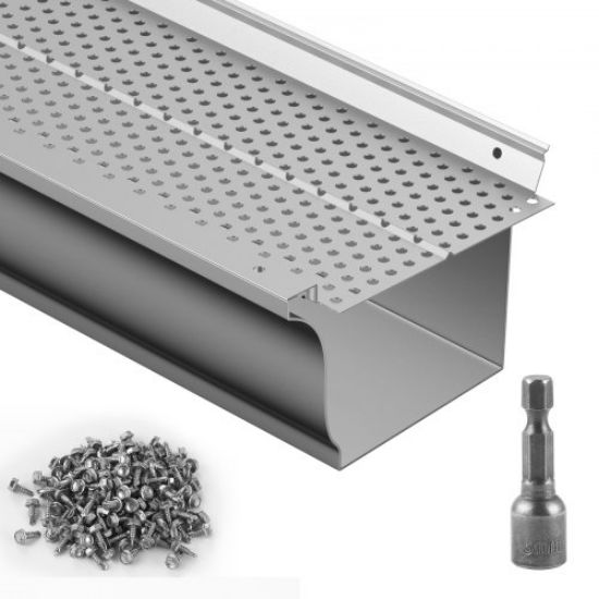 Picture of VEVOR Gutter Guard, 5 inch Width, Aluminum Leaf Filter DIY Gutter Cover, 26 PCS 104 ft Total Length, 0.157'' Hole Diameter & 0.02'' Thick Raptor Gutter Guards Fits Any Roof or Gutter Type