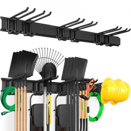 Picture of VEVOR Garage Tool Organizer, 600 lbs Max Load Capacity, Wall Mount Yard Garden Storage Rack Organization Heavy Duty with 6 Adjustable Hooks and 3 Rails, for Garden Tools, Shovels, Trimmers, and Hoses