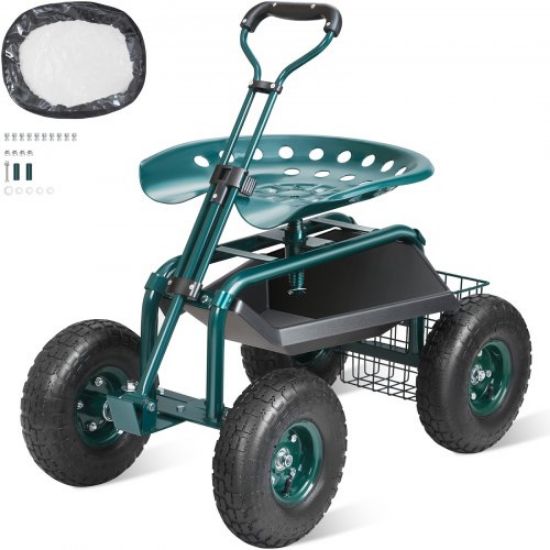 Picture of VEVOR Garden Cart Rolling Workseat with Wheels, Gardening Stool for Planting, 360 Degree Swivel Seat, Wagon Scooter with Steering Handle & Utility Tool Tray, Use for Patio, Yard, and Outdoors, Green