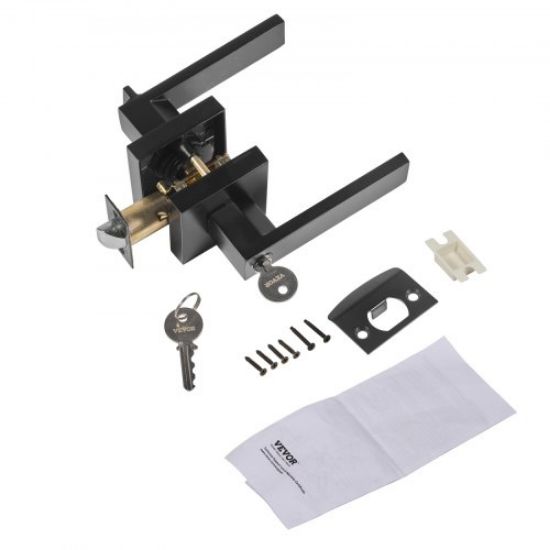 Picture of VEVOR Entry Lever Door Handle, 2 PCS Black Entry Knob, Lock and Key Locking Lever Set, Contemporary Square Door Lever, Reversible for Right and Left Sided Doors, 45° Rotation to Open, for Front Door
