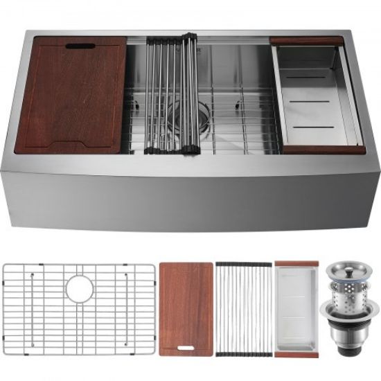 Picture of VEVOR Farmhouse Kitchen Sink, 304 Stainless Steel Drop-In Sinks, Single Bowl Basin with Ledge & Accessories, Household Dishwasher Sinks for Workstation, Prep Kitchen, and Bar Sink, 33 inch