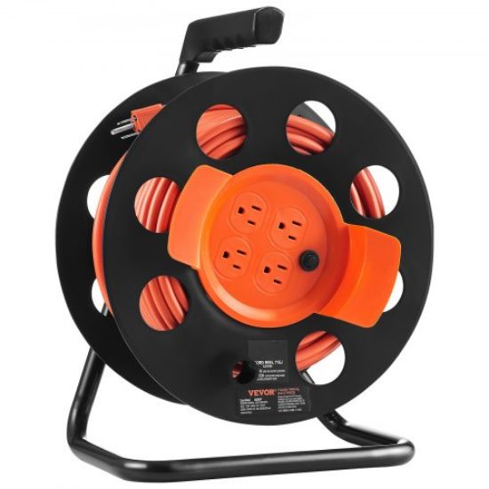 Picture of VEVOR Extension Cord Reel, 100FT, with 4 Outlets and Dust Cover, Heavy Duty 12AWG SJTOW Power Cord, Manual Cord Reel with Portable Handle Circuit Breaker, for Toolshed Garage, Tested to UL Standards