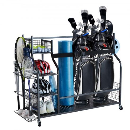 Picture of VEVOR Golf Storage Garage Organizer, 2 Golf Bag Storage Stand Holder and Other Sports Equipment Storage Rack, Outdoor Steel Ball Cart, Sports Gear and Toys Storage Shelves with Baskets & Hooks, Black