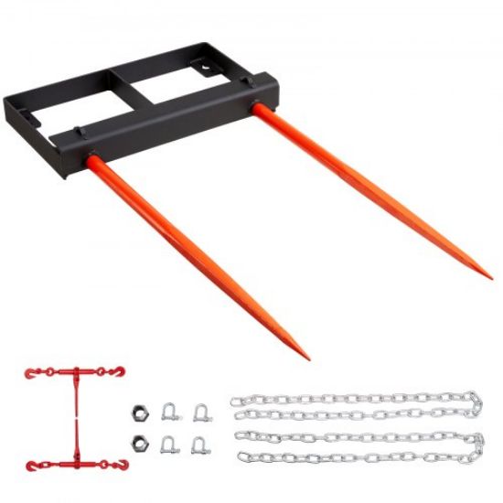 Picture of VEVOR 49" Hay Spear, Bale Spears 1600lbs Loading Capacity, Skid Steer Loader Tractor Attachment with 2pcs 17.5" Stabilizer Spears, Quick Attach Spike Forks