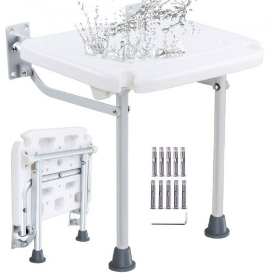 Picture of VEVOR Folding PE Shower Seat, 15.7'' x 14.8'' Unfolded, Wall Mounted Fold Up Shower Bench with 500 lbs Load Capacity, Space Saving Fold Down Shower Chair for Seniors Pregnant Women Children Adults