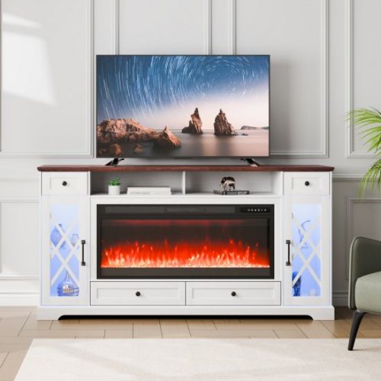 Picture of VEVOR Fireplace TV Stand for TVs 70", Media Storage Corner with 42" Fireplace, Storage Drawers & Cabinets, Pastoral TV Console Table with 20 LED Lights, Remote Control and Timer for Living Room Brown + White
