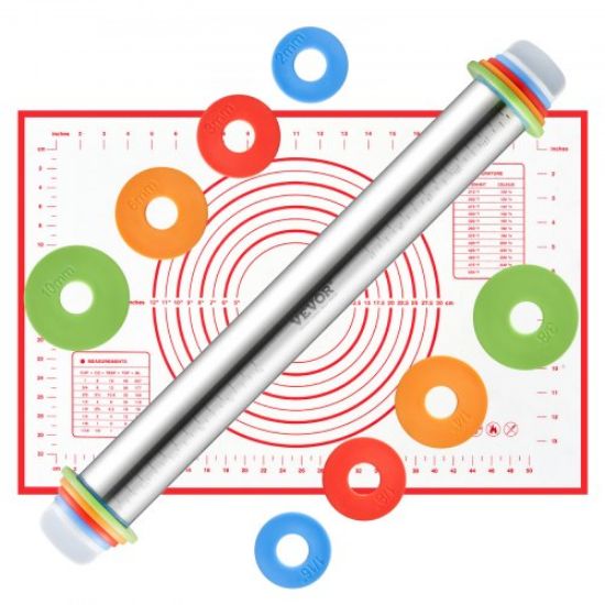 Picture of Adjustable Rolling Pin Stainless Steel with Thickness Rings and Baking Mat