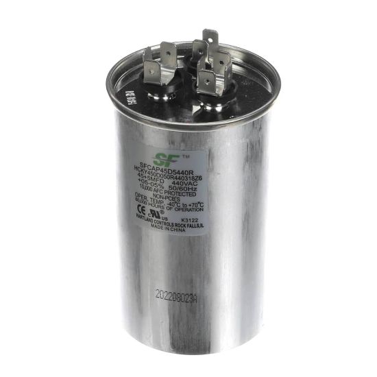 Picture of Trane 45+5Mfd 370/440V Rnd Run Cap. Part# SFCAP45D5440R